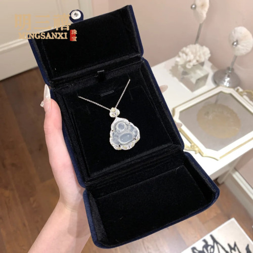 白冰玉髓吊墜天然瑪瑙黃鑽小彿公項鏈媲美翡翠銅鍍銀鑲玉髓高冰彿