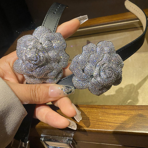 鑲鑽大山茶花項圈choker滿鑽花朵頸圈黑皮帶百搭氣質網紅奢華配飾