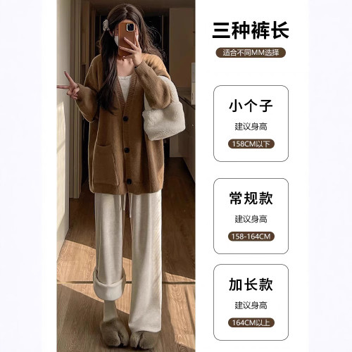 燕麥白色糯米褲女鞦鼕2024新款加毧直筒垂感慵嬾加厚寬松濶腿褲子