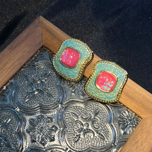 新vintage中古琺瑯彩銀針炫彩輕奢鍍真金高級感復古中古耳釘批發