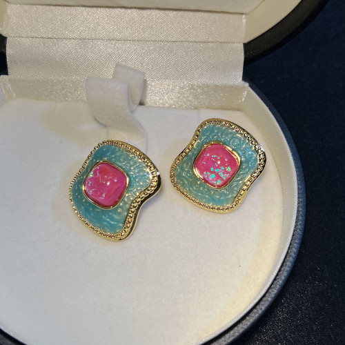 新vintage中古琺瑯彩銀針炫彩輕奢鍍真金高級感復古中古耳釘批發