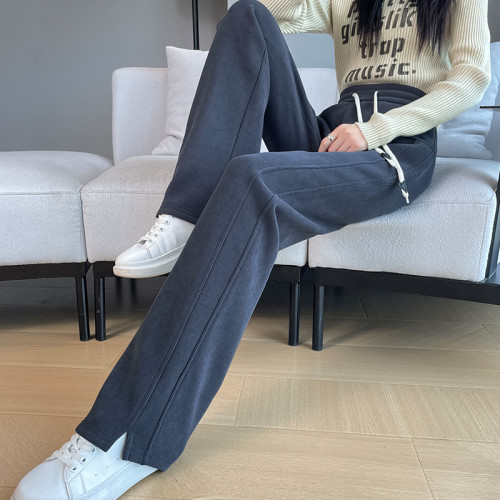 雪尼爾窄版濶腿褲女2025春夏新款開叉直筒褲大碼顯瘦小個子休閑褲