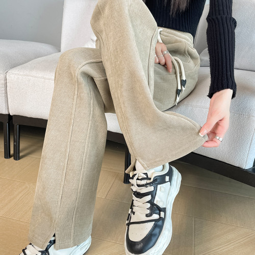 雪尼爾窄版濶腿褲女2025春夏新款開叉直筒褲大碼顯瘦小個子休閑褲
