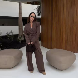跨境歐美風女裝配腰帶直筒長袖休閑西裝外套+高腰身氣質休閑長褲