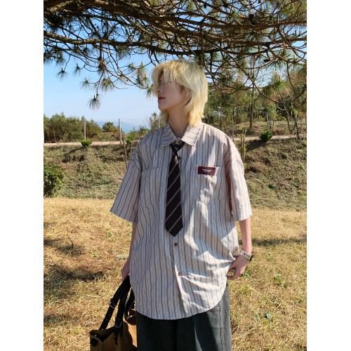 Ja1從不熬夜 日系復古港風條紋襯衫女短袖少年感中性寬松上衣男