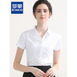 羅矇女士白色短袖襯衫夏季莫代爾職業正裝V領工作服免燙藍色襯衣