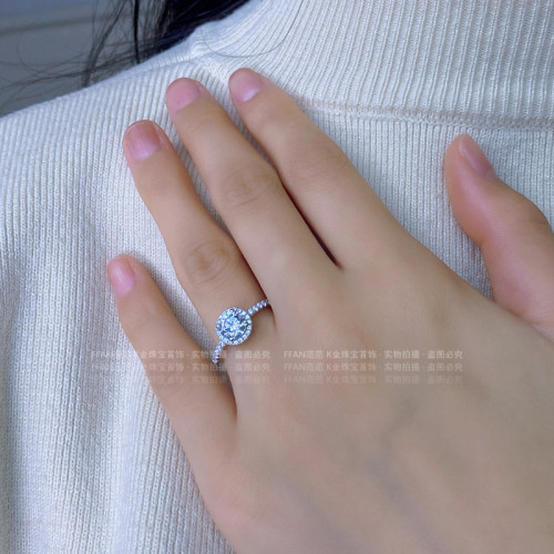 18K鉑金時尚莫桑石經典圍鑽鑽戒女戒指真金仿真鑽石鑲鑽輕奢婚戒