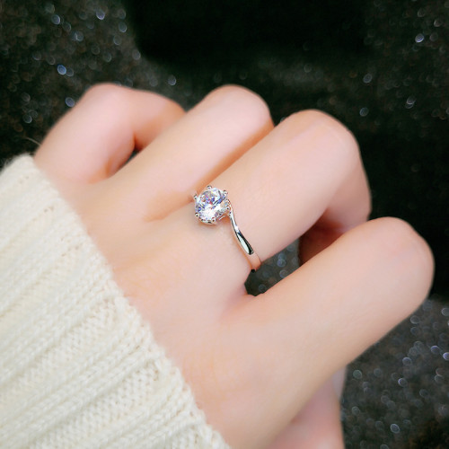 仿真鑽石戒指女小衆簡約潮克拉六爪合金鋯石仿莫桑石求婚結婚指環