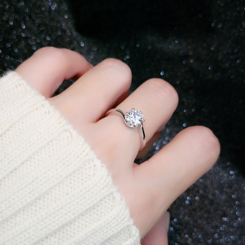 仿真鑽石戒指女小衆簡約潮克拉六爪合金鋯石仿莫桑石求婚結婚指環