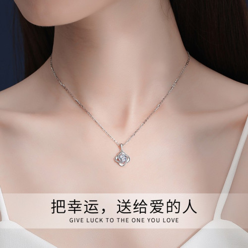 PT950鉑金四葉草項鍊女鎖骨鍊莫桑鑽項鍊女時尚貝母吊墜女友禮物