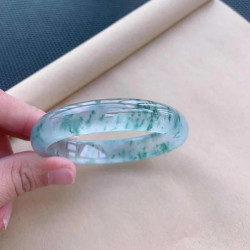 緬甸翡翠冰種絮狀飄花手鐲緬甸蘭花山水飄花復古翡翠鐲子玉鐲