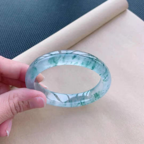 緬甸翡翠冰種絮狀飄花手鐲緬甸蘭花山水飄花復古翡翠鐲子玉鐲