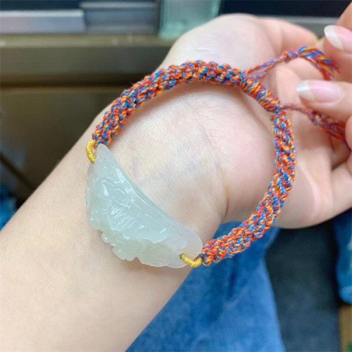 永韻 天然和田玉富貴牡丹花手牌手鏈 手工編織手繩復古女禮物