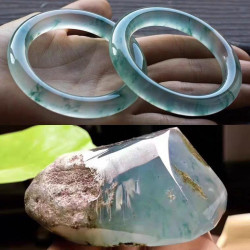 玻璃種藍水翡翠手鐲女高冰種飄花玉鐲貴妃鐲緬甸玉老坑玉原石