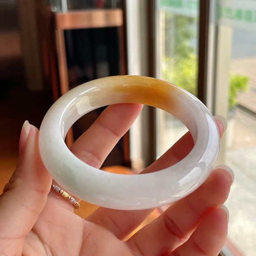 天然冰種翡翠手鐲緬甸老坑女款黃翡玉鐲白底飄花正圈水潤鐲子高級