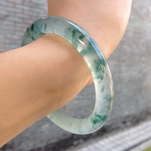 緬甸老坑天然翡翠手鐲高冰玻璃種滿陽綠色飄花圓條玉石手鐲子