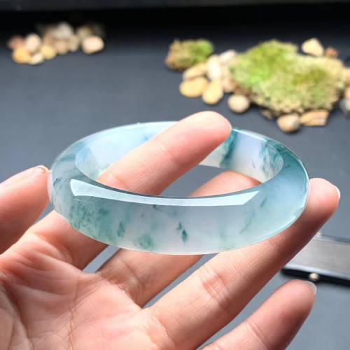 天然緬甸冰種飄花翡翠手鐲圓條老坑晴水玻璃種貴妃玉鐲子寬版