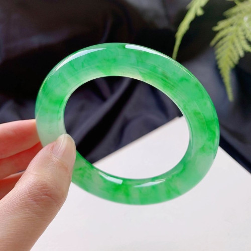 冰種飄花翡翠手鐲緬甸天然老坑飄綠花玉手鐲圓條滿綠玉鐲子女