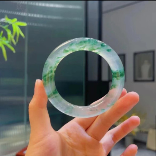 天然玉石緬甸翡翠滿綠手鐲飄花紫羅蘭正圈冰種圓條細款玉鐲女