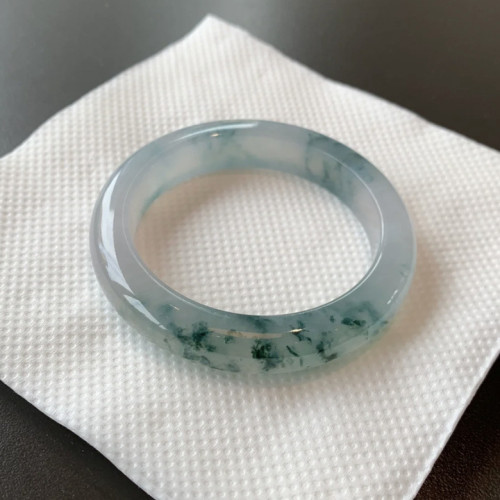 緬甸老坑冰種翡翠飄花手鐲緬甸滿陽綠飄藍花正圈玉鐲子女款鐲