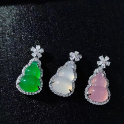 天然緬甸高冰綠葫蘆吊墜滿鑽鑲嵌白葫蘆粉葫蘆玉石項鍊少女款