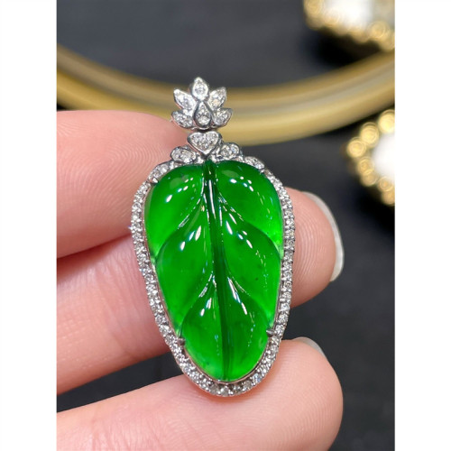 綠樹葉吊墜天然緬甸翡翠鑲嵌葉子吊墜翡翠冰種樹葉吊墜項鍊男女款