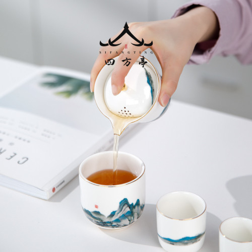 四方亭 千里江山旅行茶具快客杯戶外可攜式包一人茶具下午茶小套