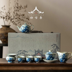 汝窰功夫茶具套裝青花瓷2023新款茶杯茶壺家用蓋碗陶瓷中式景德鎮