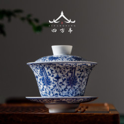 景德鎮蓋碗白瓷單個三才茶碗茶杯薄胎陶瓷茶具套裝青花瓷風