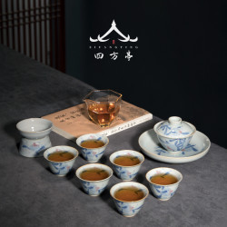 四方亭 景德鎮手繪釉下彩青花茶具套裝輕奢高級泡茶功夫蓋碗茶杯