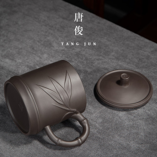 宜興紫砂杯大號個人帶蓋杯子辦公帶把陶瓷茶杯單個家用水杯300ml