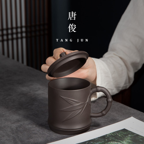 宜興紫砂杯大號個人帶蓋杯子辦公帶把陶瓷茶杯單個家用水杯300ml