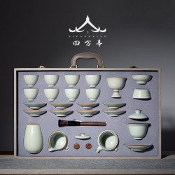 四方亭側把壺汝窰功夫茶具套裝品牌家用高檔輕奢蓋碗一套禮盒茶杯