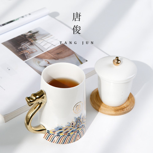 水杯辦公室杯子男士泡茶杯創意個人專用杯帶手柄蓋馬克杯國潮