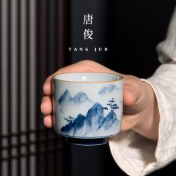 四方亭景德鎮手繪主人杯茶杯陶瓷杯子品茗杯功夫茶具釉下彩手工