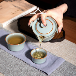 四方亭 汝窰快客杯旅行茶具一壺兩杯戶外喝茶裝備可攜式包陶瓷茶壺