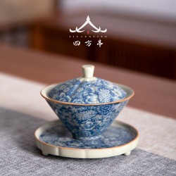 四方亭青花瓷三才蓋碗斗笠茶杯單個高檔陶瓷茶碗茶具套裝防燙泡茶