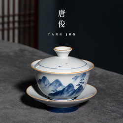 景德鎮手繪蓋碗陶瓷單個三才茶碗茶杯中式復古功夫茶具青花瓷高級
