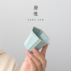 四方亭 汝窰六方杯陶瓷開片品茗杯汝瓷可養日式家用茶具小號50ml