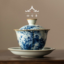 汝窰三才蓋碗茶杯單個高檔不燙手高級防燙青花瓷泡茶杯茶具套裝