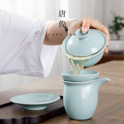 四方亭 汝窰三才蓋碗小號茶碗陶瓷開片可養茶杯120ml汝瓷功夫茶具