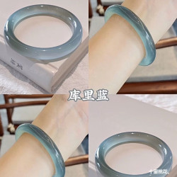 庫里藍天然瑪瑙玉髓手鐲女款冰透藍水色胖圓條玉鐲美人條圓鐲鐲子
