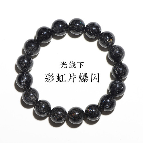 久雅水晶 天然7A級彩虹黑髮晶圓珠手鏈 爆閃滿髮黑髮晶手串 