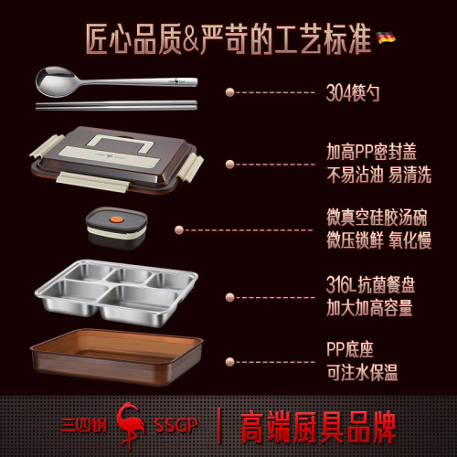 SSGP 便當盒上班族學生食堂午餐盤 保溫盒食品級316L不鏽鋼飯盒