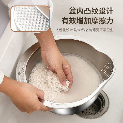 食品級廚房淘米神器304不鏽鋼家用水盆多功能瀝水細孔洗米洗菜籃