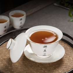 手寫描金羊脂玉防燙蓋碗加厚茶碗敬茶杯簡約功夫茶具泡茶碗批