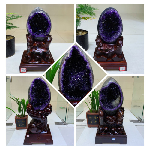 天然原礦巴西紫水晶洞聚寶盆 烏拉圭錢袋子恐龍蛋 紫晶簇風水擺件