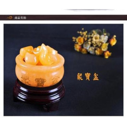 九星轉動黃玉聚寶盆擺件德明敬製德明堂黃晶金a元寶催財貔貅聚寶