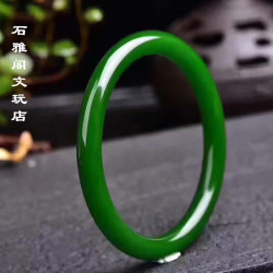 新疆天然和田玉碧玉手鐲 女款菠菜綠圓條細款碧玉鐲子附帶證書