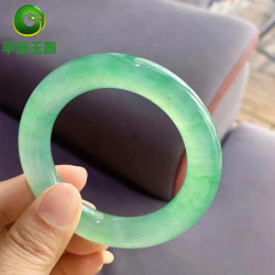 玉器珠寶翡翠手鐲天然圓條起膠感陽綠翡翠玉手鐲滿綠飄花女款